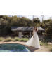Off Shoulder Beaded Ivory Lace Tulle Flowing Wedding Dress